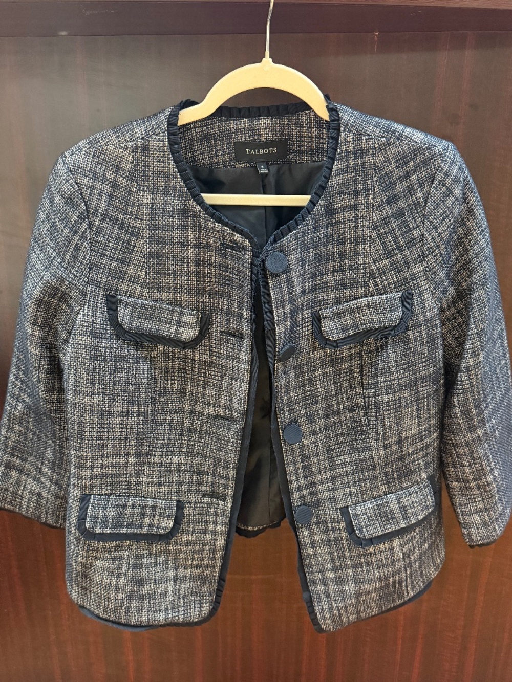 Talbots Navy White Tweed Collarless Blazer Jacket Size 6